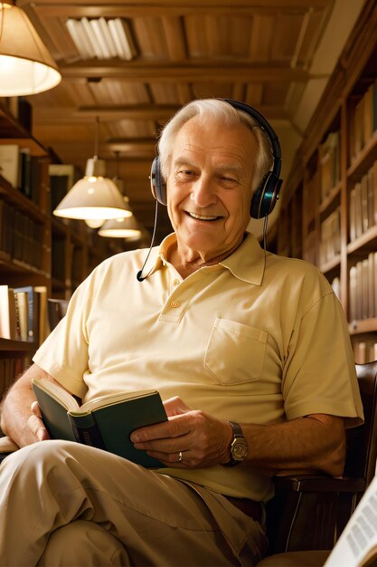 a man sitting in a chair with a book and headphones on his head and a book in his lap smiling at th