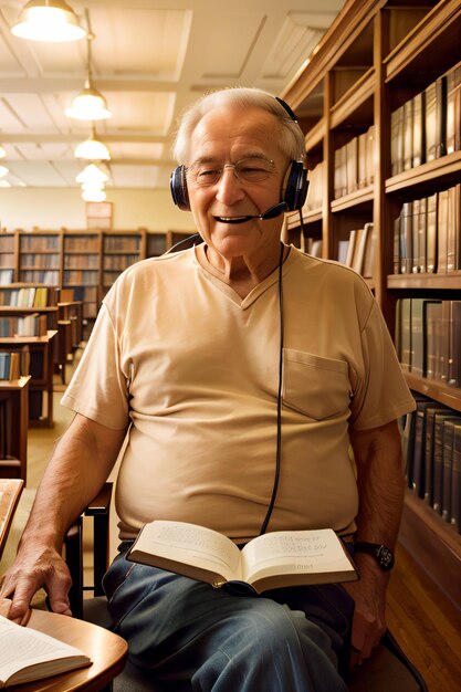 a man sitting in a chair with a book and headphones on his head and a book open to the side of him