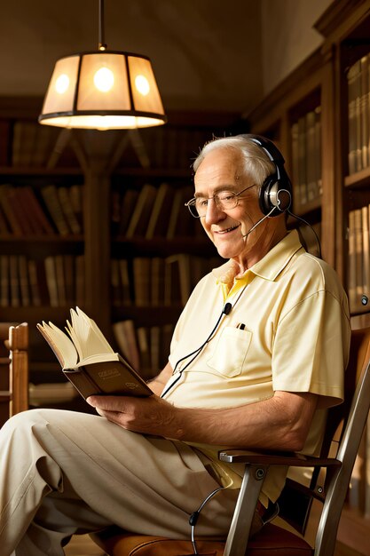 Photo a man sitting in a chair with a book and headphones on his head and a lamp hanging above him and a b