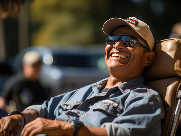 Man Sitting in Chair With Hat and Sunglasses