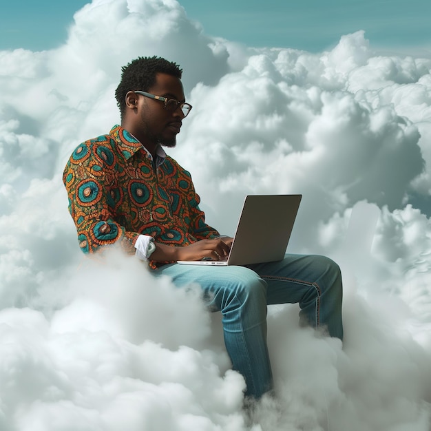 Man Sitting on a Cloud Using a Laptop