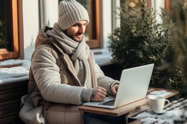 Foto uomo seduto in un caffè fuori a lavorare sul suo laptop indossando un cappello e una sciarpa