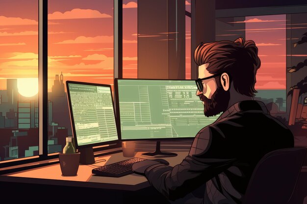 a man sitting at a computer desk in front of a window creating a productive and calm work environment programmer working in a software developing company ai generated