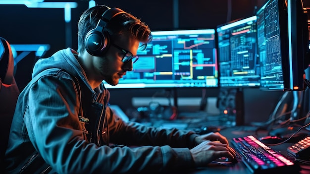 Man Sitting at Computer With Headphones On