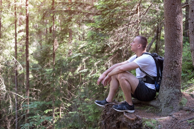 man sitting in a coniferous forest on a cliff