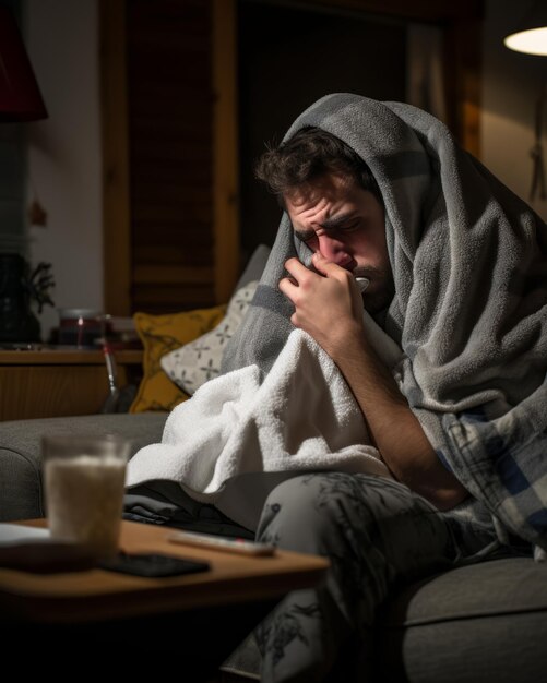 a man sitting on a couch covered in a blanket