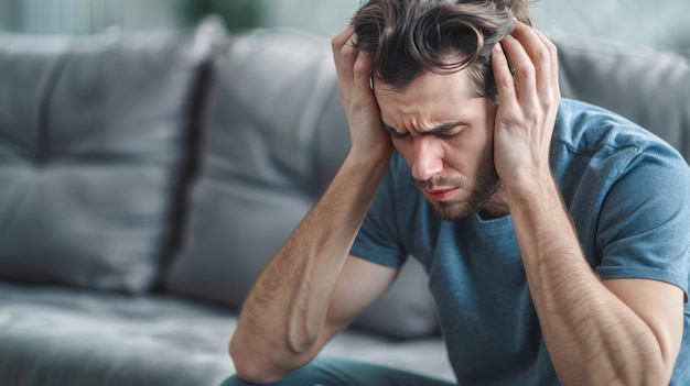 man sitting on couch holding head