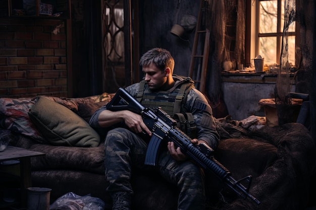 Man Sitting on Couch Holding Rifle