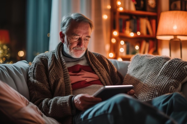 Man Sitting on Couch Looking at Tablet