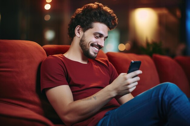 Man Sitting on Couch Using Cell Phone