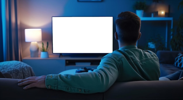 Man Sitting on Couch Watching TV