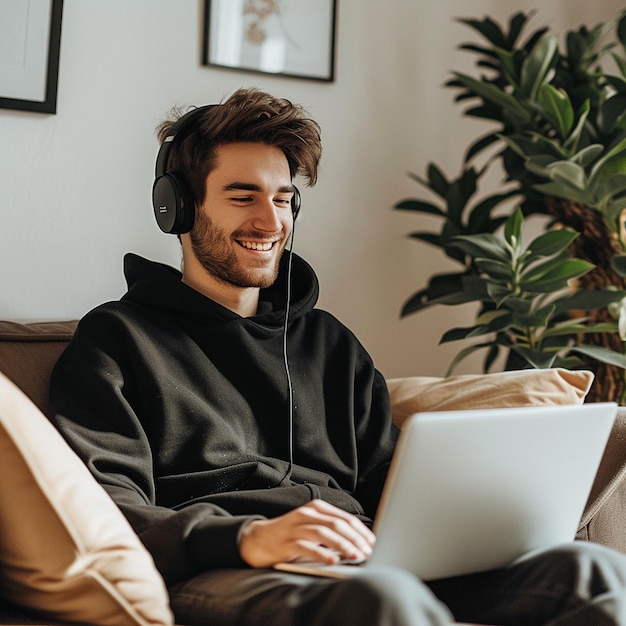 소파 에 앉아 헤드폰 을 착용 하고 노트북 을 사용 하는 남자