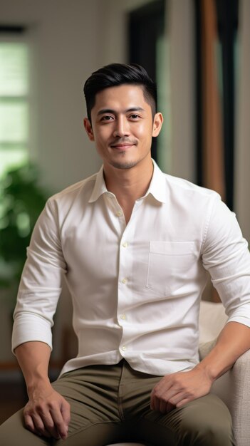 Man Sitting on Couch in White Shirt and Khaki Pants