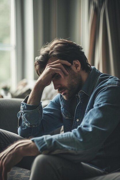 Photo a man sitting on a couch with his head in his hands