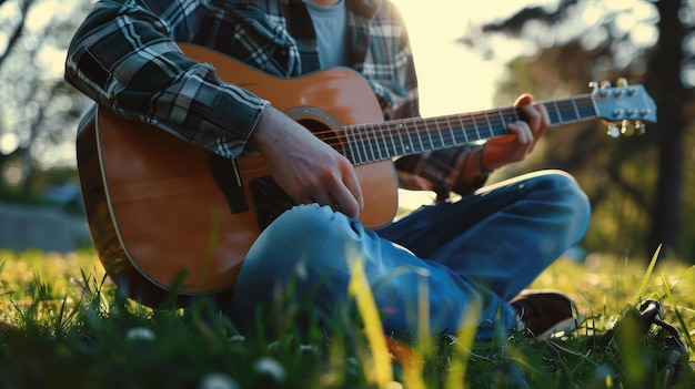 Мужчина, сидящий скрещенными ногами на траве, играет на гитаре.
