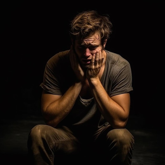 a man sitting in the dark with his hands on his face