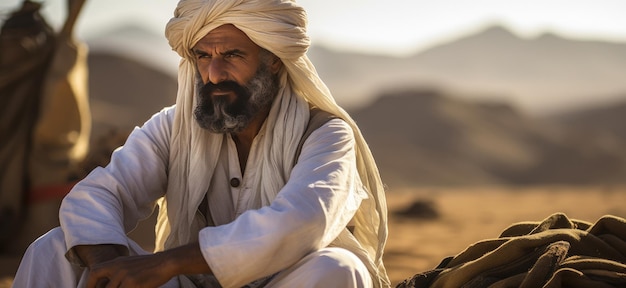 a man sitting in the desert wearing a white turban