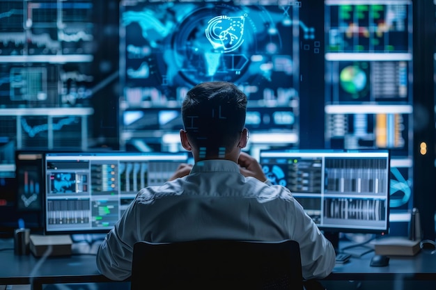 a man sitting at a desk analyzing cybersecurity threats on multiple computer monitors a cybersecurity researcher studying the latest malware threats