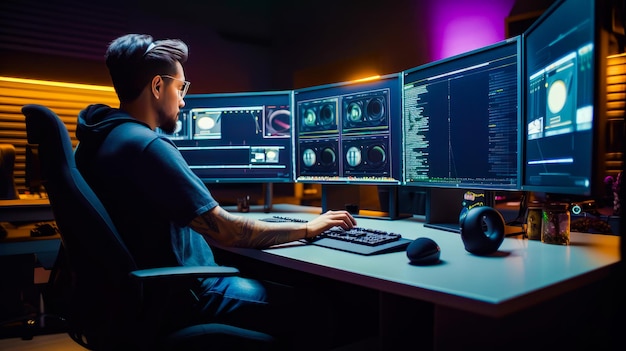 Man sitting at desk in front of computer with multiple monitors Generative AI