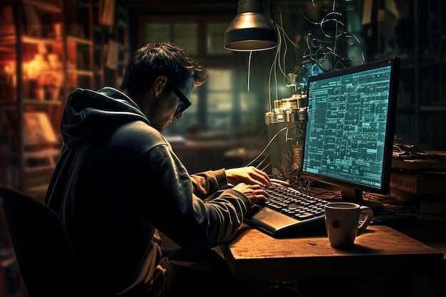 a man sitting at a desk using a computer