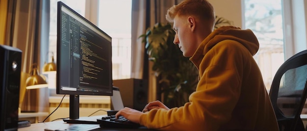 Foto un uomo seduto a una scrivania usando un computer