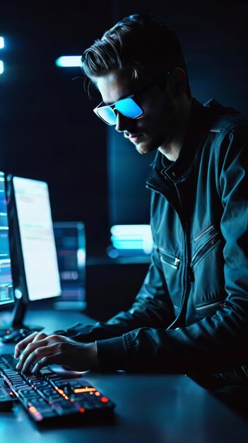 Man Sitting at Desk Using Laptop Computer