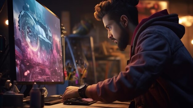 A Man Sitting at a Desk Using a Laptop Computer