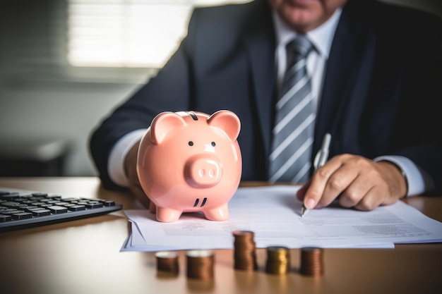 Foto un uomo seduto alla scrivania con un foglio di calcolo del budget e un salvadanaio ai generativo