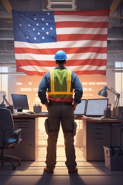 A man sitting at a desk with a computer and an american flag