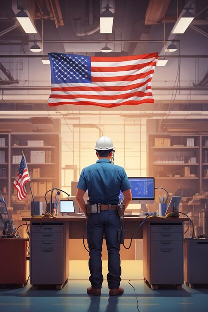 A man sitting at a desk with a computer and an american flag