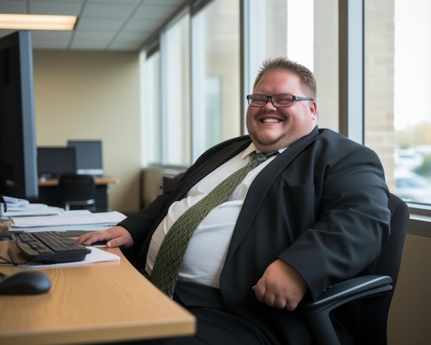 a man sitting at a desk with a computer in front of him