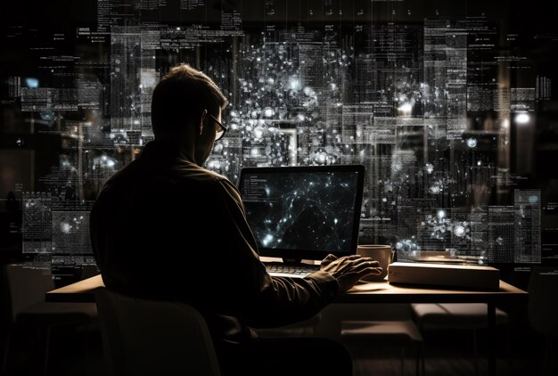 a man sitting at a desk with a laptop