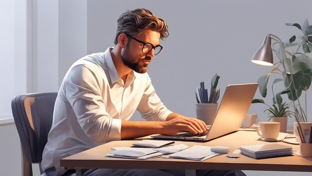 Photo a man sitting at a desk with a laptop