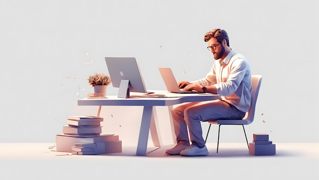 Мужчина сидит за столом с ноутбуком