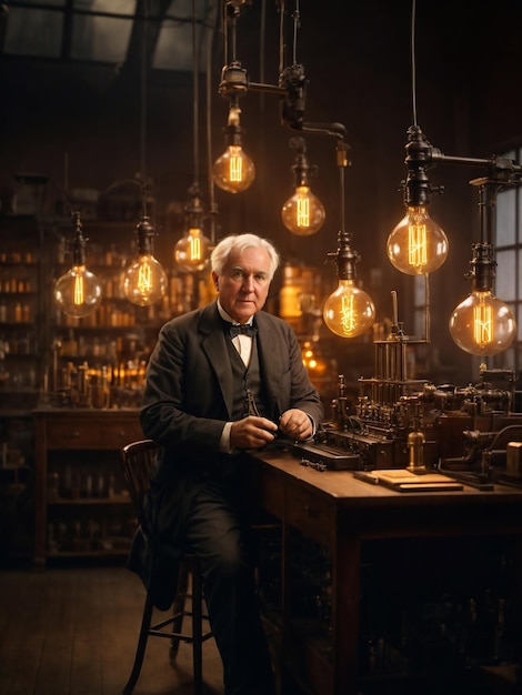 Photo a man sitting at a desk with a light bulb