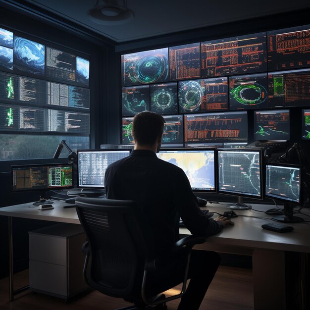 Photo man sitting at a desk with multiple monitors