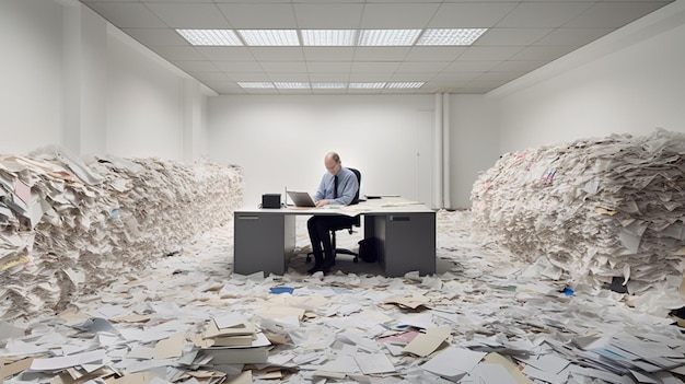 A man sitting at a desk with a pile of papers on the floor.