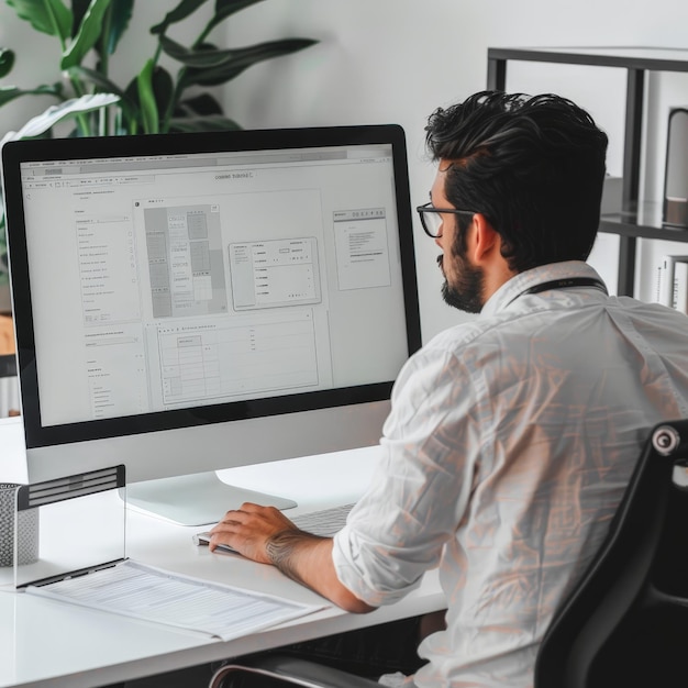 a man sitting at a desk working on a computer