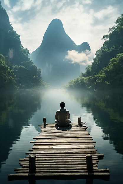 Man sitting on dock in lake meditation in guangxi china in the style of cinematic view