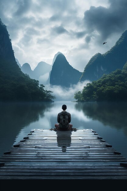 Photo man sitting on dock in lake meditation in guangxi china in the style of cinematic view