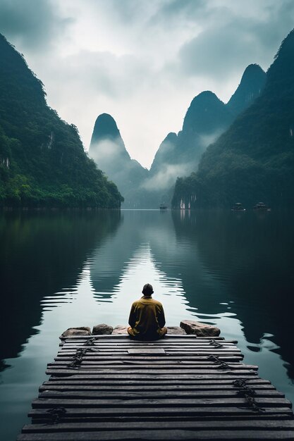 Man sitting on dock in lake meditation in guangxi china in the style of cinematic view