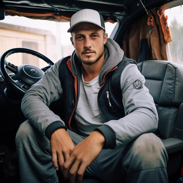 a man sitting in the driver's seat of a truck