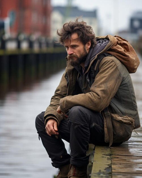 a man sitting on the edge of a dock by the water