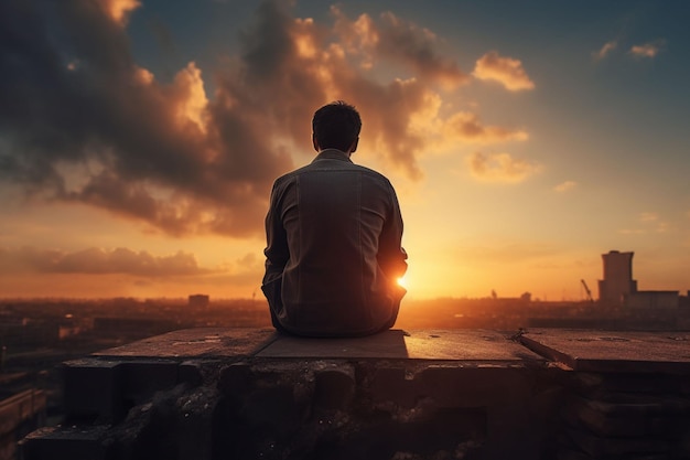 Photo man sitting on the edge of a wooden table looking at the sunset ai generated