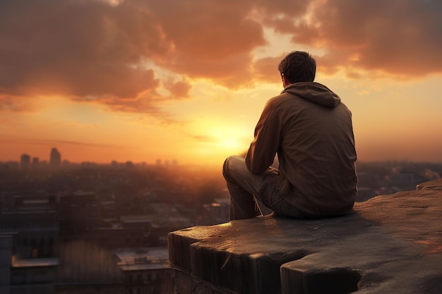 Photo man sitting on the edge of a wooden table looking at the sunset ai generated