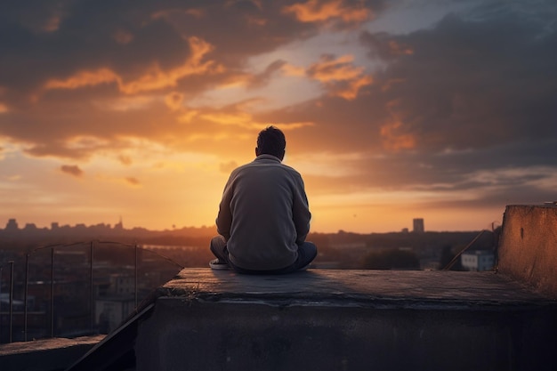 Photo man sitting on the edge of a wooden table looking at the sunset ai generated