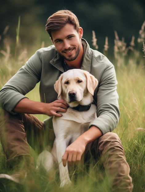 Foto un uomo seduto in un campo con un cane