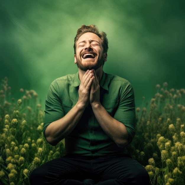 Man Sitting in Field With Hands Together