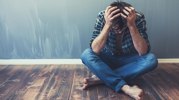 Photo man sitting on floor covering his eyes