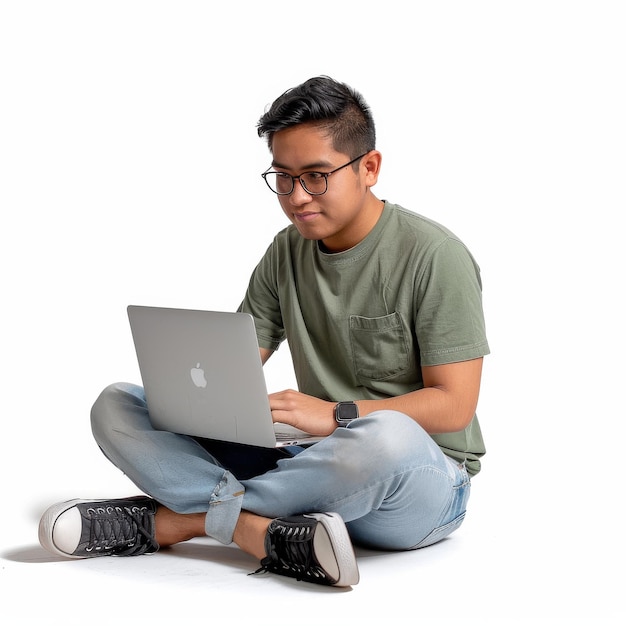 Man Sitting on Floor Using Laptop Computer